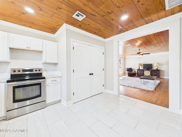 1206 Kaliste Saloom Rd, Lafayette, LA 70508 - kitchen featuring stainless steel electric range, wood ceiling, crown molding, ceiling fan, and light countertops