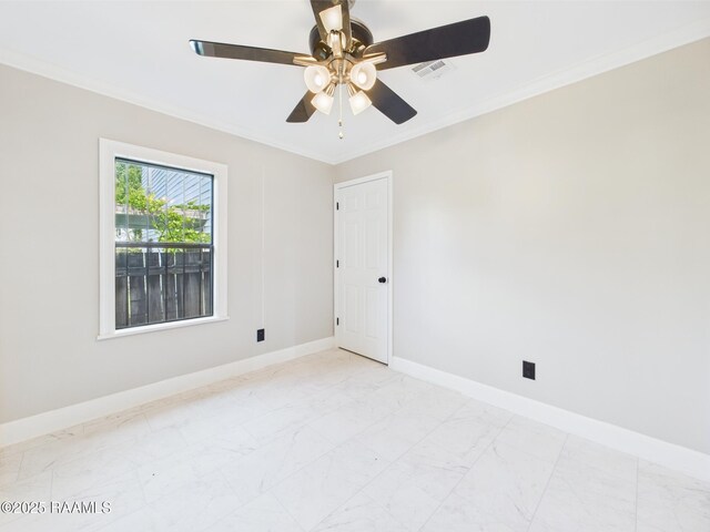 1206 Kaliste Saloom Rd, Lafayette, LA 70508 - unfurnished room with baseboards, ornamental molding, ceiling fan, and light marble finish flooring