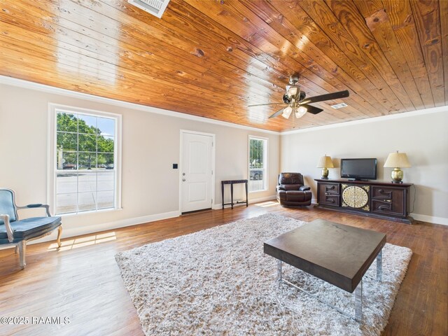 1206 Kaliste Saloom Rd, Lafayette, LA 70508 - living area featuring wood ceiling, ornamental molding, ceiling fan, wood finished floors, and baseboards