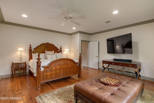 315 Kings Rd, Lafayette, LA 70503 - bedroom featuring wood finished floors, baseboards, ornamental molding, recessed lighting, and ceiling fan