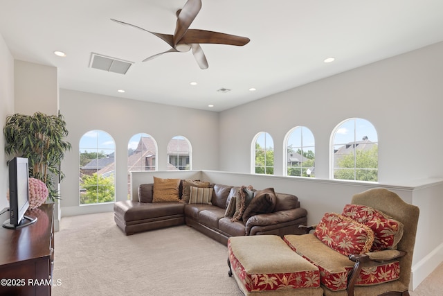 408 Princeton Woods Loop, Lafayette, LA 70508 - living room featuring light carpet, recessed lighting, and ceiling fan