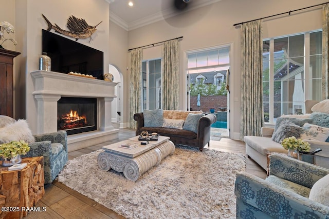 408 Princeton Woods Loop, Lafayette, LA 70508 - living area featuring ornamental molding, wood finished floors, a glass covered fireplace, a towering ceiling, and recessed lighting