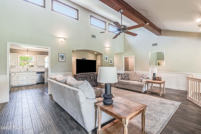 109 Bellevedere Ave, Lafayette, LA 70503 - living room with a ceiling fan, beamed ceiling, dark wood-style flooring, high vaulted ceiling, and wainscoting
