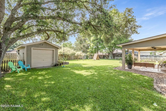 109 Bellevedere Ave, Lafayette, LA 70503 - view of yard with an outdoor structure, a patio, ceiling fan, and a playground
