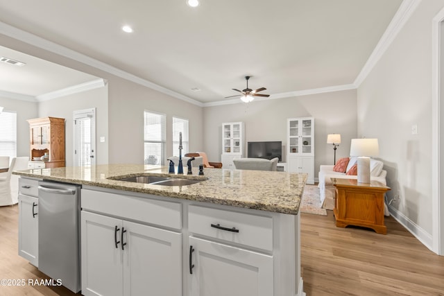 101 Micah Edward, Maurice, LA 70555 - kitchen featuring a sink, light wood-type flooring, crown molding, open floor plan, and ceiling fan