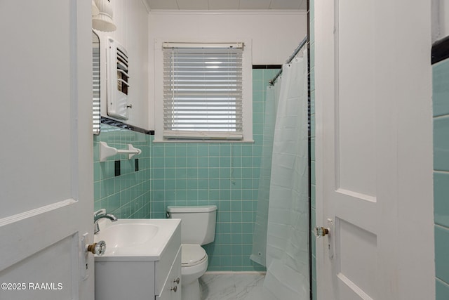 308 Boas Ave, New Iberia, LA 70563 - bathroom featuring toilet, curtained shower, vanity, and marble look tile flooring