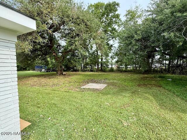 view of yard with view of wooded area
