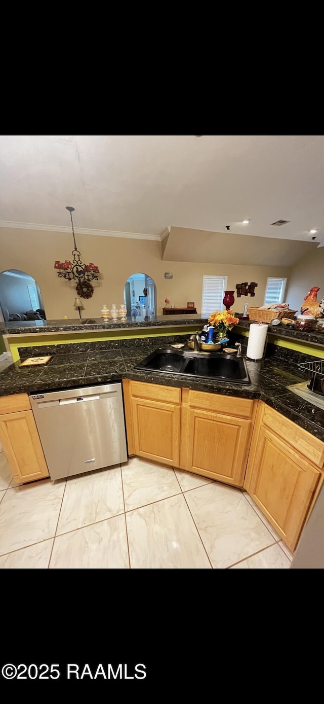 4306 Holly Dr, Slidell, LA 70461 - kitchen with dishwasher, light marble finish flooring, ornamental molding, and light brown cabinetry