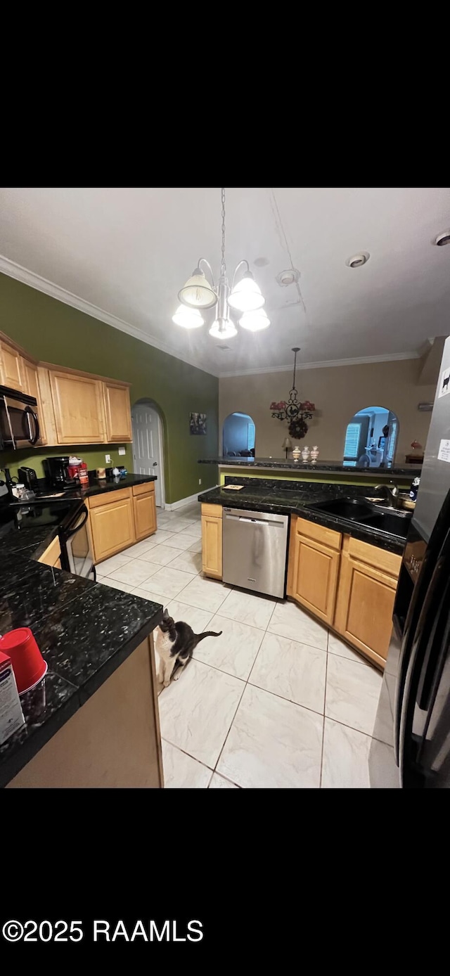 4306 Holly Dr, Slidell, LA 70461 - kitchen with appliances with stainless steel finishes, crown molding, dark countertops, light brown cabinetry, and a chandelier