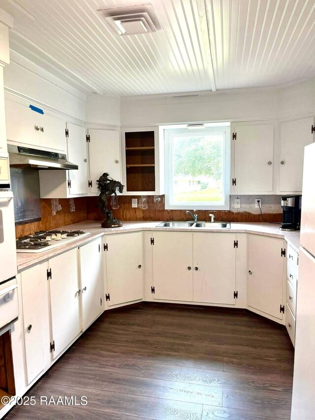 1010 Ella Mae Rd, Ville Platte, LA 70586 - kitchen with white appliances, a sink, under cabinet range hood, white cabinetry, and dark wood-type flooring