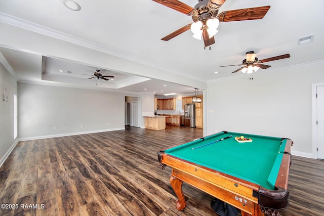 102-104 Trout Ct, Dulac, LA 70353 - game room with a ceiling fan, baseboards, dark wood-style flooring, crown molding, and recessed lighting