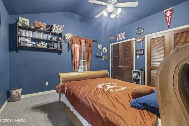 10154 Willow Crest Rd, Abbeville, LA 70510 - bedroom featuring vaulted ceiling, carpet, two closets, ceiling fan, and baseboards