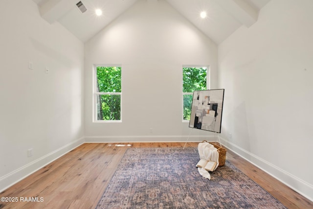 108 Meadowbrook Dr, Broussard, LA 70518 - empty room with wood-type flooring, high vaulted ceiling, baseboards, beam ceiling, and recessed lighting
