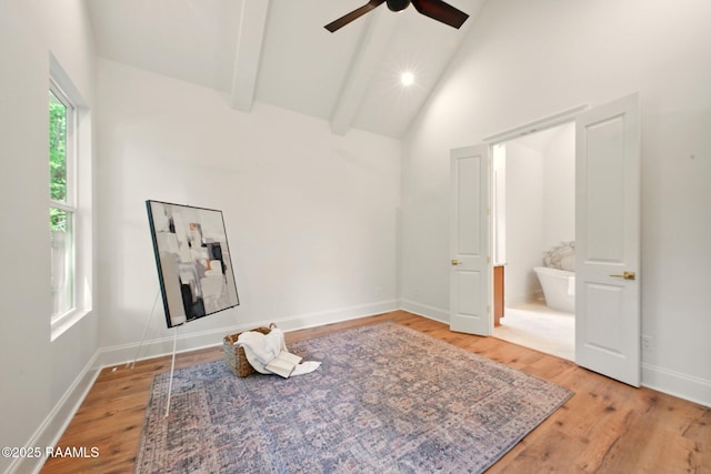 108 Meadowbrook Dr, Broussard, LA 70518 - bedroom featuring light wood finished floors, high vaulted ceiling, beam ceiling, baseboards, and ceiling fan