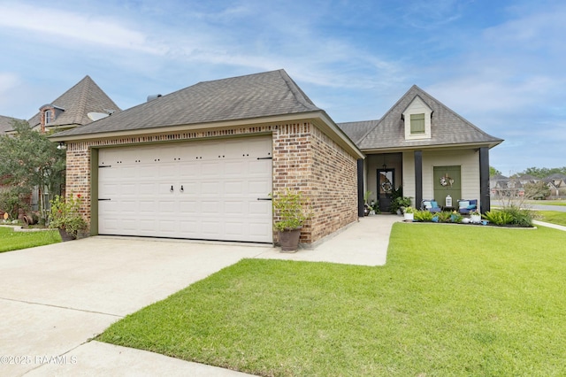 100 Mirada Ln, Lafayette, LA 70508 - view of front of home with concrete driveway, brick siding, a front yard, a garage, and roof with shingles