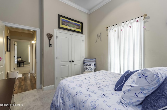 100 Mirada Ln, Lafayette, LA 70508 - bedroom with attic access, ornamental molding, carpet, a closet, and baseboards