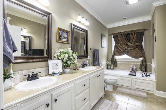 100 Mirada Ln, Lafayette, LA 70508 - bathroom featuring a bath, double vanity, toilet, tile patterned floors, and crown molding