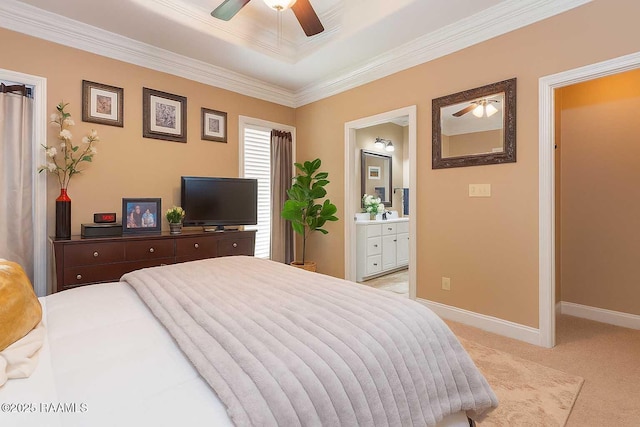 100 Mirada Ln, Lafayette, LA 70508 - bedroom with light colored carpet, baseboards, connected bathroom, ornamental molding, and a ceiling fan