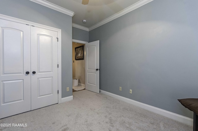 100 Mirada Ln, Lafayette, LA 70508 - unfurnished bedroom with crown molding, carpet, baseboards, a closet, and a ceiling fan