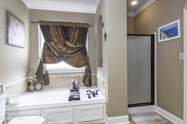 100 Mirada Ln, Lafayette, LA 70508 - bathroom with a shower stall, a tub with jets, and crown molding