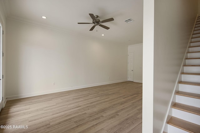 1510 Kaliste Saloom Unit 101, Lafayette, LA 70508 - unfurnished living room featuring stairs, a ceiling fan, ornamental molding, light wood finished floors, and recessed lighting