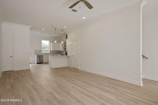 1510 Kaliste Saloom Unit 101, Lafayette, LA 70508 - unfurnished living room with a ceiling fan, light wood-style flooring, recessed lighting, ornamental molding, and baseboards