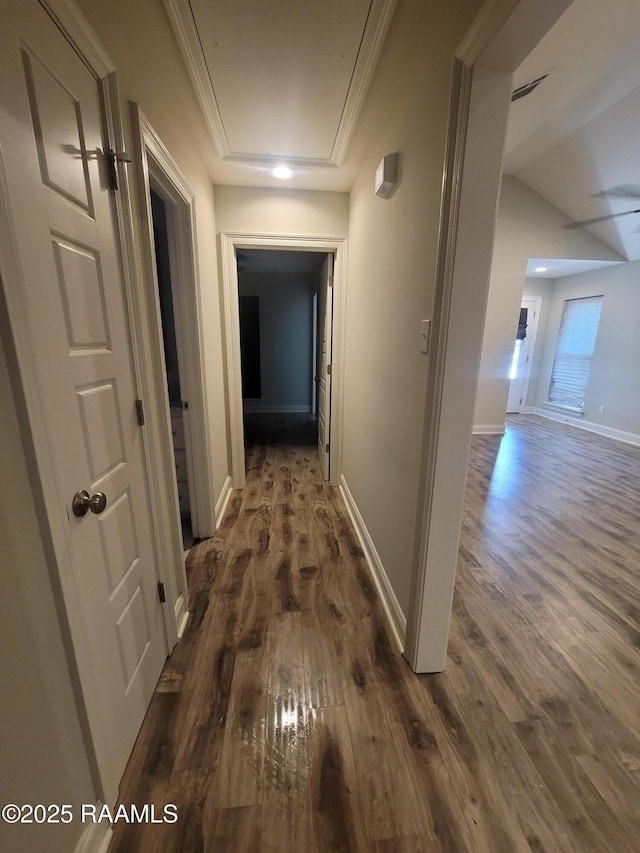 313 Harvest Ln, Abbeville, LA 70510 - hallway featuring attic access, dark wood finished floors, baseboards, and ornamental molding