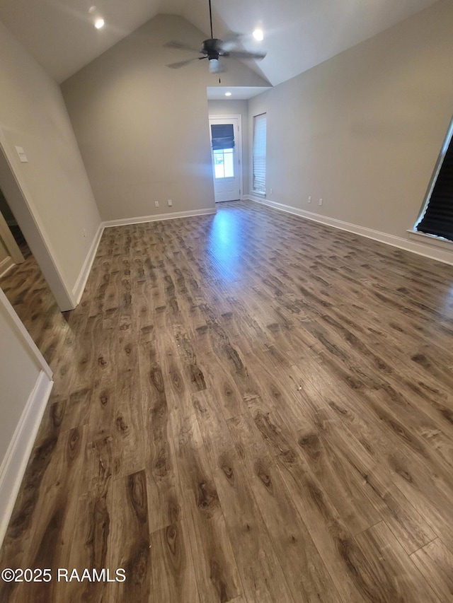 313 Harvest Ln, Abbeville, LA 70510 - unfurnished room with wood finished floors, a ceiling fan, lofted ceiling, baseboards, and recessed lighting