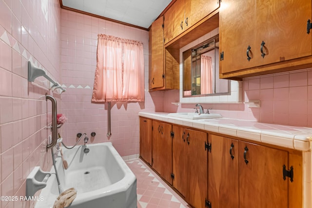 423 E 1st St, Jennings, LA 70546 - full bathroom featuring a bath, vanity, tasteful backsplash, and tile patterned floors
