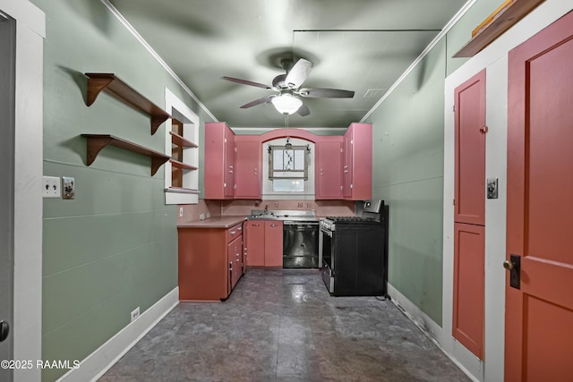 423 E 1st St, Jennings, LA 70546 - kitchen with gas stove, black dishwasher, crown molding, a ceiling fan, and open shelves