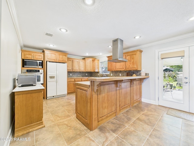 304 Bull Run Cir, Broussard, LA 70518 - kitchen with appliances with stainless steel finishes, extractor fan, ornamental molding, a peninsula, and tasteful backsplash