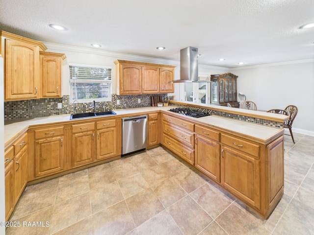 304 Bull Run Cir, Broussard, LA 70518 - kitchen with dishwasher, island exhaust hood, backsplash, a peninsula, and light countertops