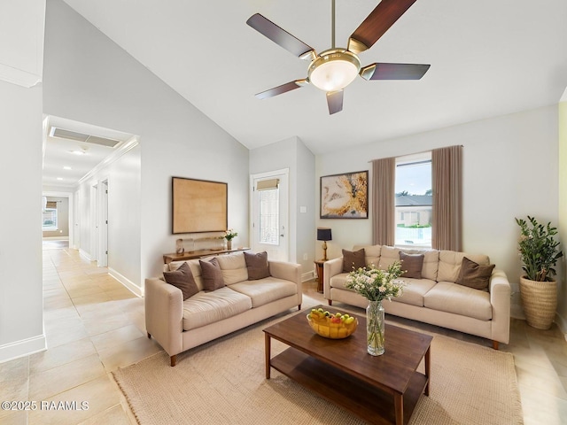 304 Bull Run Cir, Broussard, LA 70518 - living area featuring light tile patterned floors, healthy amount of natural light, ceiling fan, and high vaulted ceiling