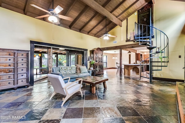 146 Steiner Rd, Lafayette, LA 70508 - common area with wood ceiling with exposed beams, high vaulted ceiling, and stairway