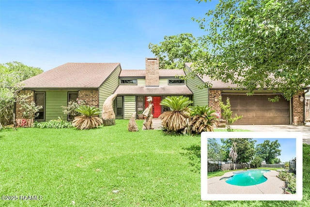 146 Steiner Rd, Lafayette, LA 70508 - mid-century inspired home with brick siding, a chimney, an attached garage, a shingled roof, and driveway