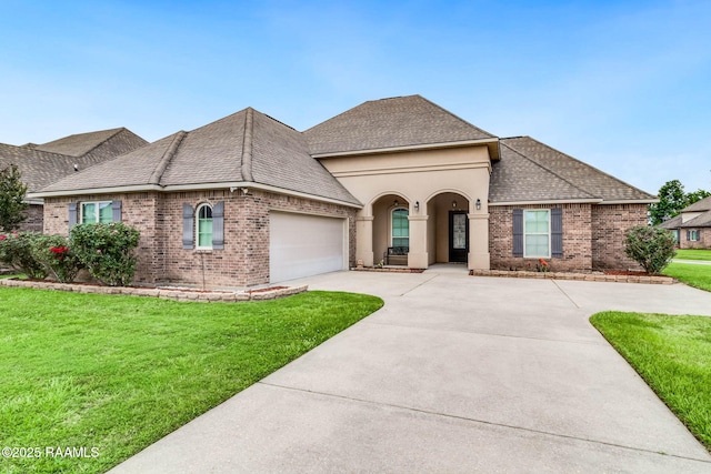 123 Angel Rock Ln, Broussard, LA 70518 - french country home featuring an attached garage, brick siding, driveway, a front lawn, and roof with shingles