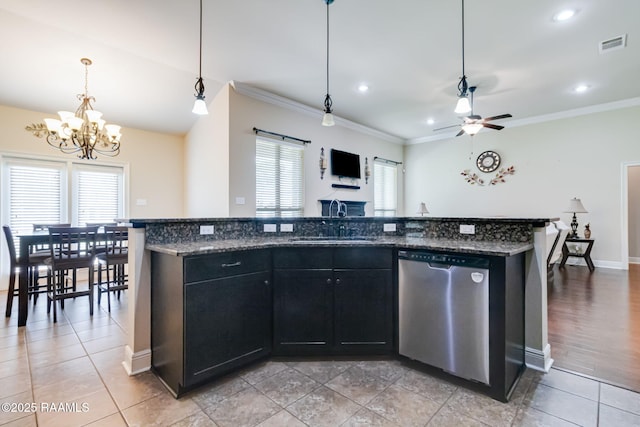 123 Angel Rock Ln, Broussard, LA 70518 - kitchen with dishwasher, a sink, a chandelier, plenty of natural light, and crown molding