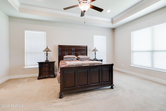 123 Angel Rock Ln, Broussard, LA 70518 - bedroom featuring a tray ceiling, crown molding, light carpet, baseboards, and recessed lighting