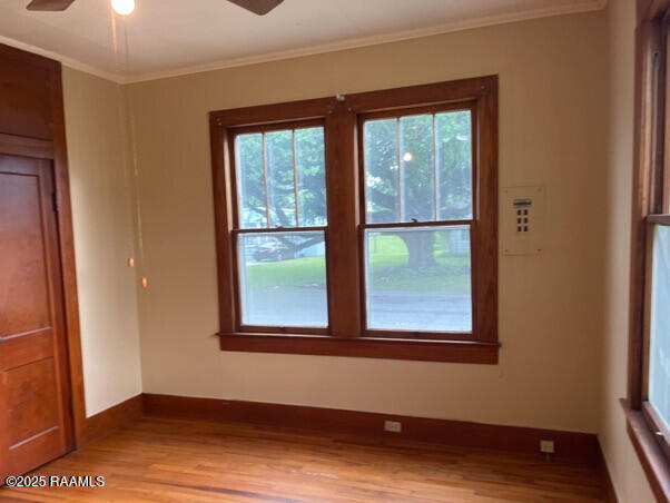 201 Allen St, New Iberia, LA 70563 - empty room with ceiling fan, light wood-style floors, ornamental molding, and baseboards