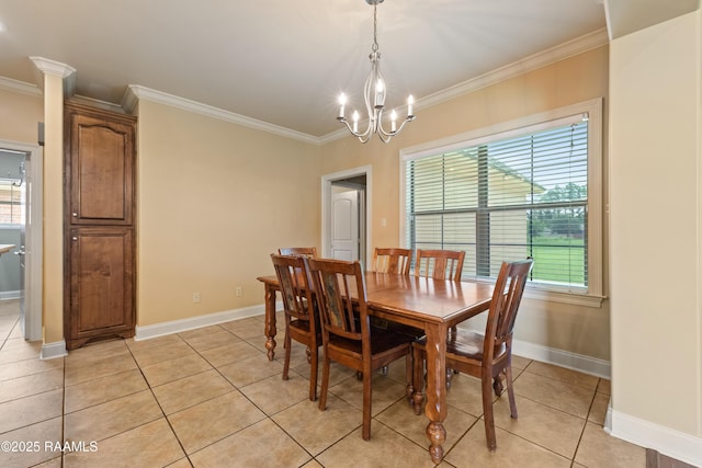 1117 Jules Broussard Rd, Breaux Bridge, LA 70517 - dining space with ornamental molding, healthy amount of natural light, a chandelier, baseboards, and light tile patterned floors