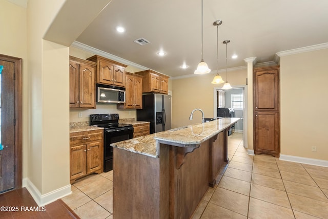 1117 Jules Broussard Rd, Breaux Bridge, LA 70517 - kitchen featuring black appliances, a sink, ornamental molding, a center island with sink, and light tile patterned floors