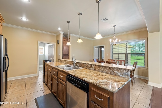 1117 Jules Broussard Rd, Breaux Bridge, LA 70517 - kitchen featuring stainless steel dishwasher, fridge with ice dispenser, a sink, light tile patterned floors, and crown molding