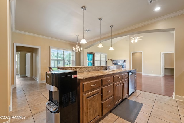 1117 Jules Broussard Rd, Breaux Bridge, LA 70517 - kitchen featuring a sink, dishwasher, light tile patterned floors, an island with sink, and a ceiling fan
