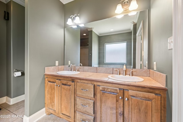 1117 Jules Broussard Rd, Breaux Bridge, LA 70517 - bathroom featuring ornamental molding, double vanity, tile patterned floors, and baseboards