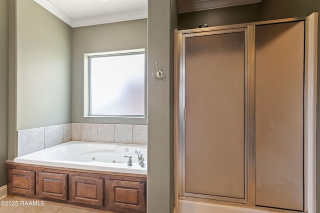 1117 Jules Broussard Rd, Breaux Bridge, LA 70517 - bathroom with a shower stall, ornamental molding, and a whirlpool tub