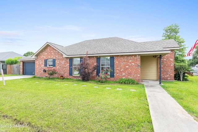320 Golden Grain, Duson, LA 70529 - ranch-style home featuring an attached garage, brick siding, driveway, a front lawn, and roof with shingles
