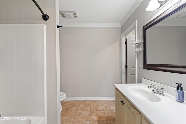 320 Golden Grain, Duson, LA 70529 - full bathroom featuring toilet, vanity, a shower, ornamental molding, and baseboards