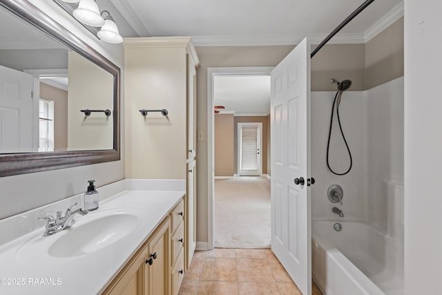 320 Golden Grain, Duson, LA 70529 - full bathroom featuring vanity, shower / bath combination, ornamental molding, and tile patterned floors