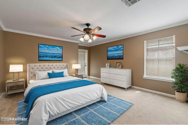320 Golden Grain, Duson, LA 70529 - bedroom with baseboards, ornamental molding, carpet, and a ceiling fan