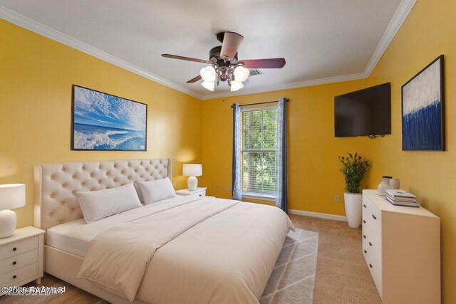 320 Golden Grain, Duson, LA 70529 - bedroom featuring crown molding, baseboards, light carpet, and a ceiling fan